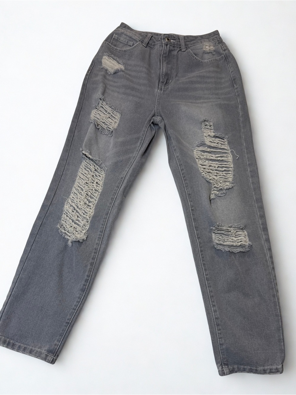 Grey Distressed Women's Jeans - Casual High-Rise Ripped Denim